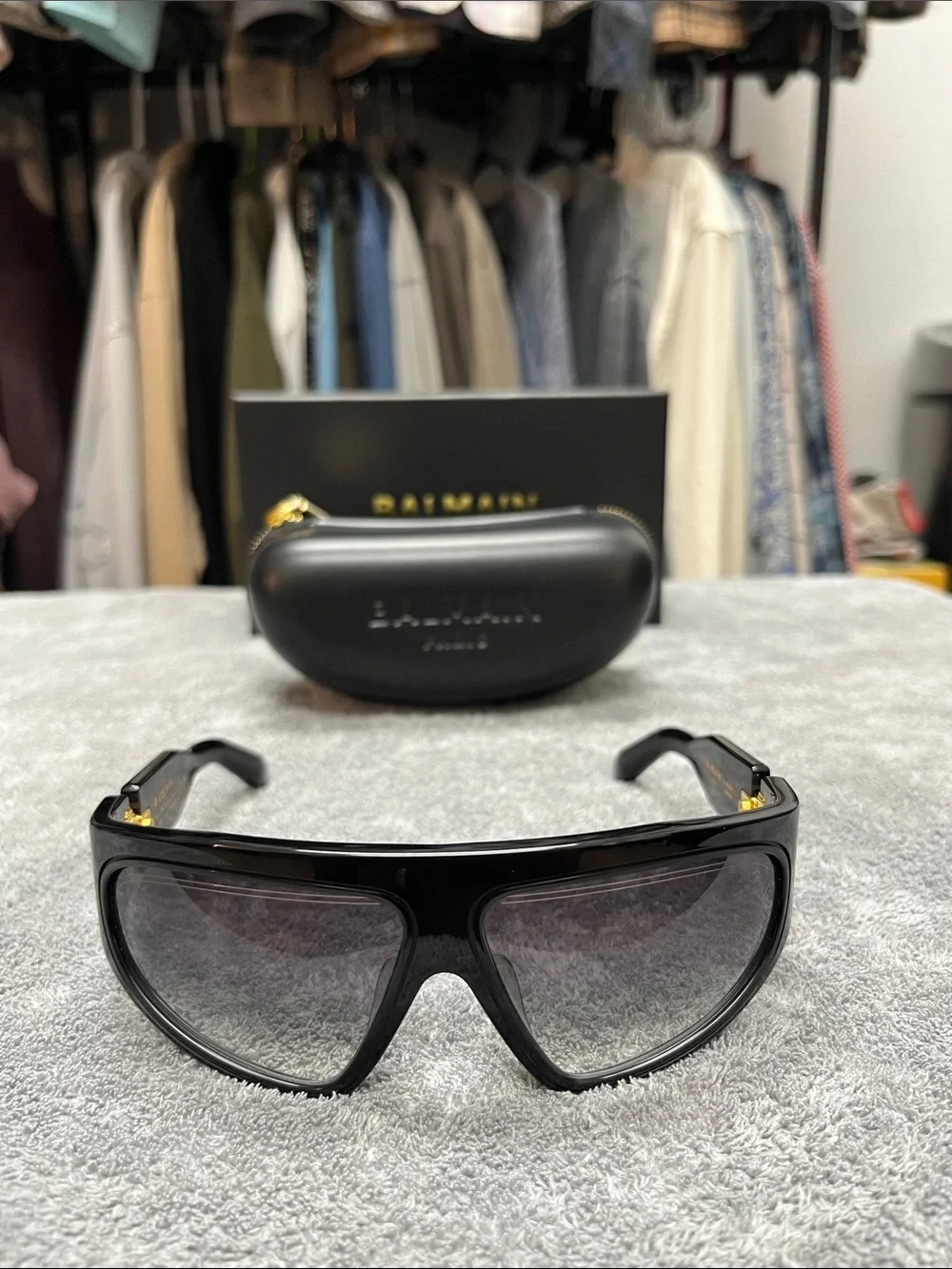 Balmain Paris B-Escape Black Shield Sunglasses with Gold Accents